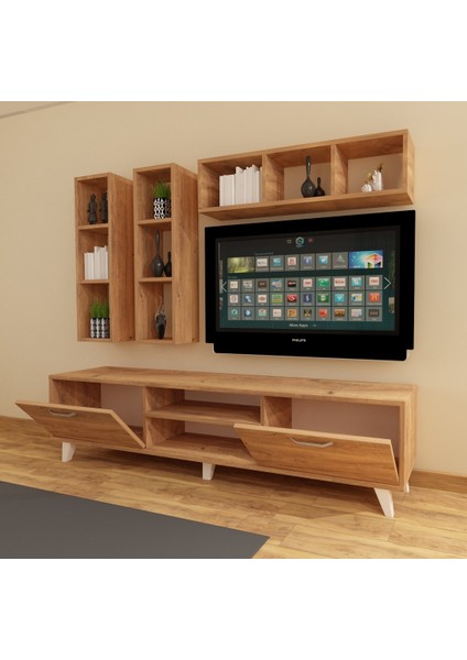 Dekormer Design Tv Ünitesi Dolaplı Kahve 180 cm ve Kitaplık