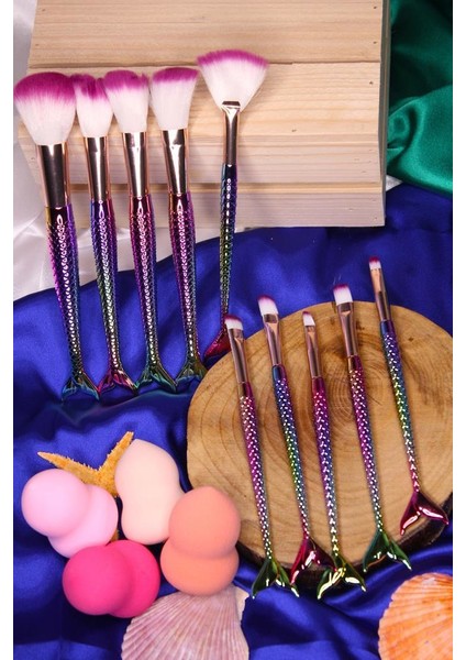 10'lu Makyaj Fırça Seti Gökkuşağı Balık + 4'lü Armut Set