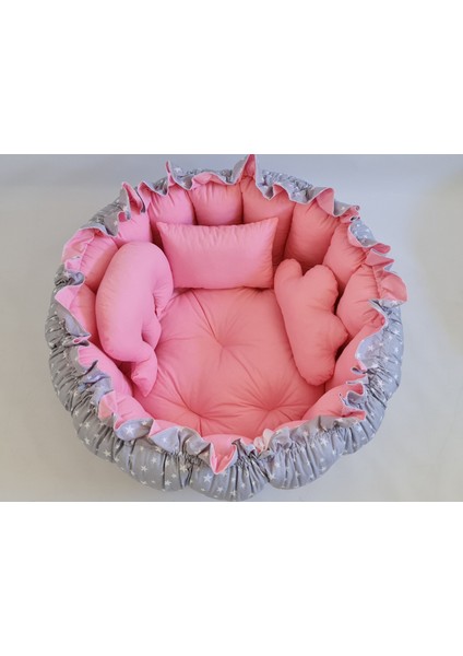 Babynest Dünyası Küçük Gri Yıldız Pembe Yuvarlak Uyku ve Oyun Minderi