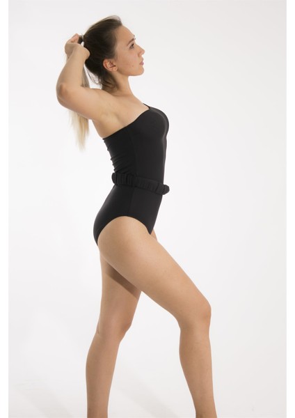 Tek Omuzlu Siyah Bel Kemeri Detaylı Mayo