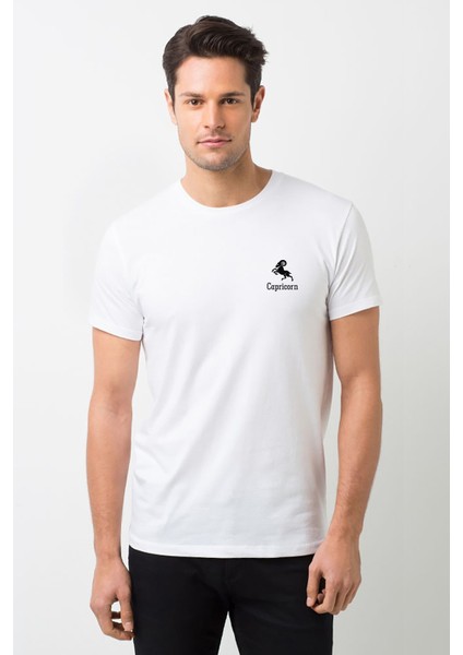 Koç Burcu Baskılı Beyaz Erkek Örme Tshirt