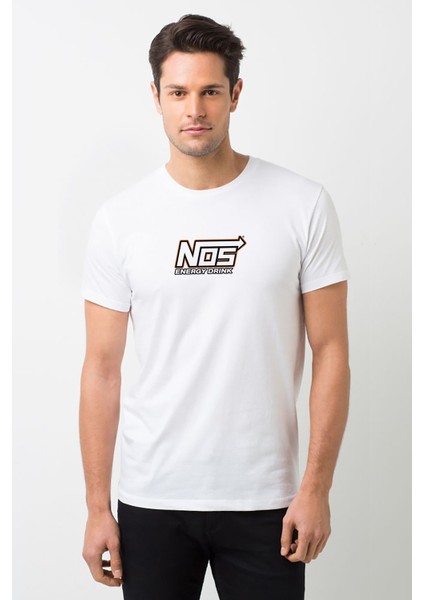 Nos Energy Drink Logo Baskılı Beyaz Erkek Örme Tshirt