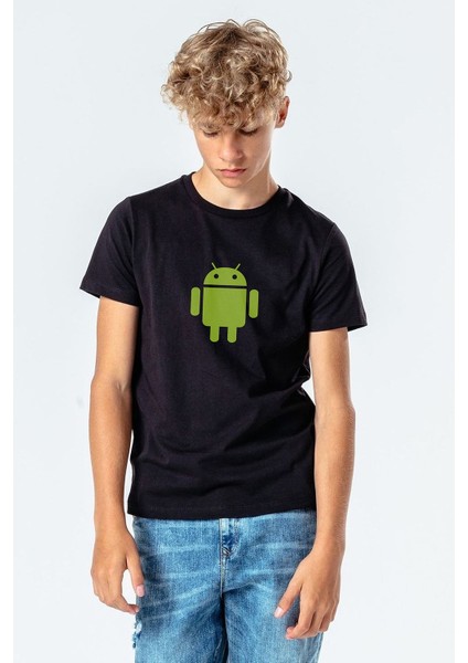 Android Logo Baskılı Unisex Çocuk Siyah Tshirt