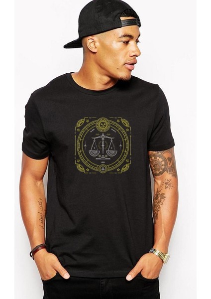 Burç Terazi Libra Baskılı Siyah Erkek Örme Tshirt