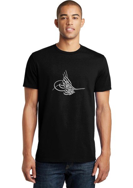 Tuğrası Ottoman Tughra Osmanli Tugrasi Logo Baskılı Siyah Erkek Örme Tshirt