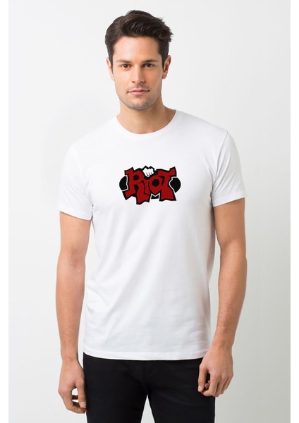 Riot Logo Baskılı Beyaz Erkek Örme Tshirt