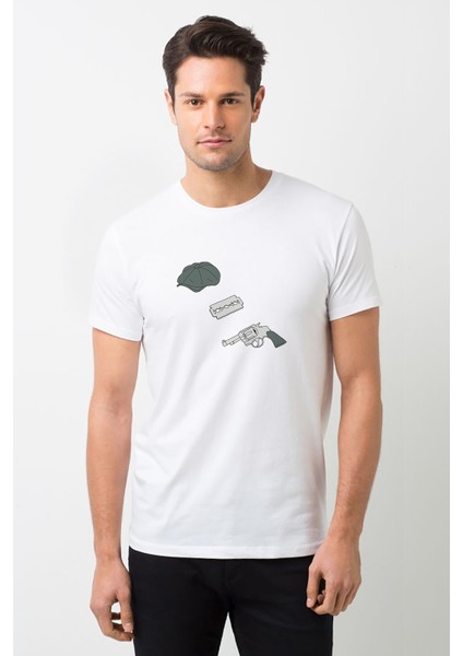 Peaky Blinders Hat & Razor Blade & Gun Baskılı Beyaz Erkek Örme Tshirt