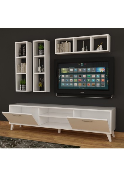 Dekormer Design Tv Ünitesi Dolaplı Beyaz 180 cm ve Kitaplık