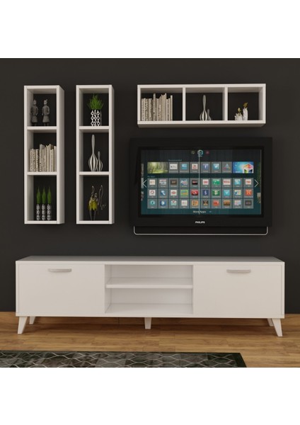 Dekormer Design Tv Ünitesi Dolaplı Beyaz 180 cm ve Kitaplık