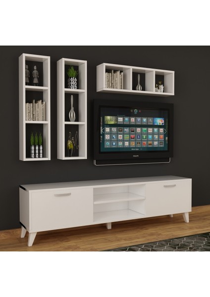 Dekormer Design Tv Ünitesi Dolaplı Beyaz 180 cm ve Kitaplık