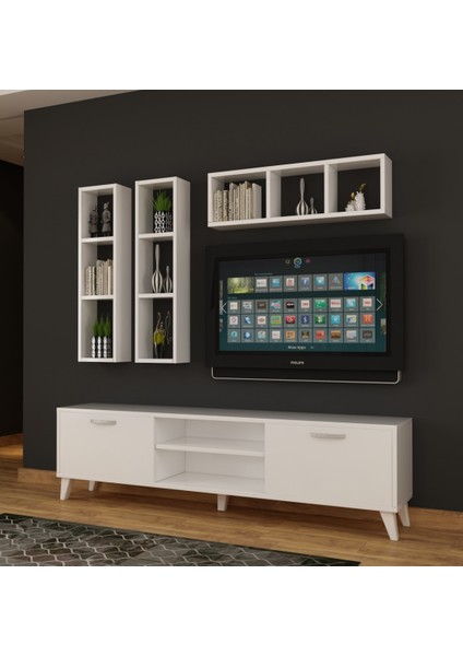 Dekormer Design Tv Ünitesi Dolaplı Beyaz 180 cm ve Kitaplık