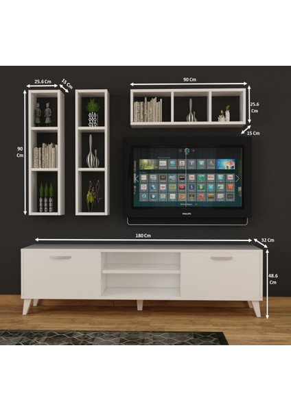 Dekormer Design Tv Ünitesi Dolaplı Beyaz 180 cm ve Kitaplık