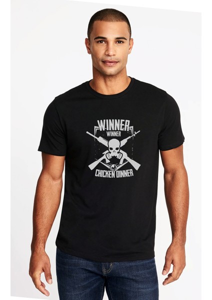 Pubg Kuru Kafa Beyaz Baskılı Siyah Erkek Örme Tshirt