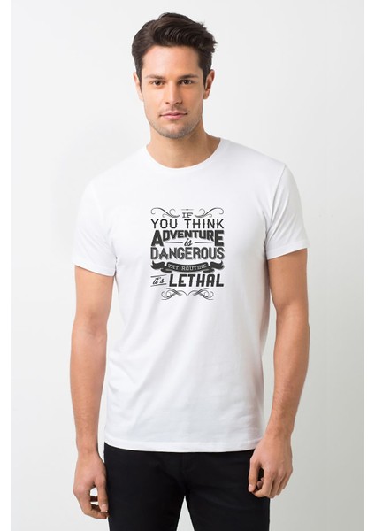 You Think Adventure Is Dangerous Baskılı Beyaz Erkek Örme Tshirt