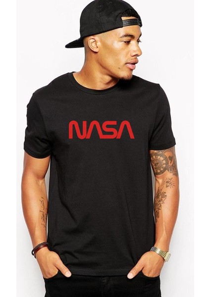 Nasa Kırkızı Baskılı Siyah Erkek Örme Tshirt