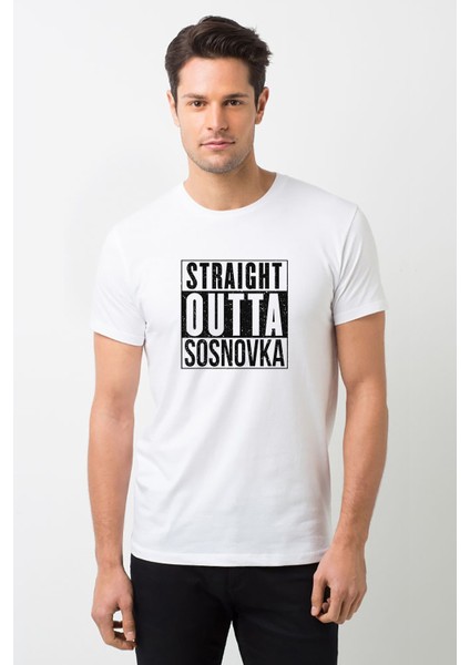 Pubg Straıght Outta Sosnovka Baskılı Beyaz Erkek Örme Tshirt