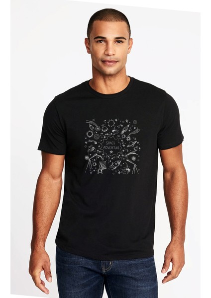 Space Adventure Uzay Gezegenler Nasa Yıldız Roket Astronot Baskılı Siyah Erkek Örme Tshirt T-Shirt T