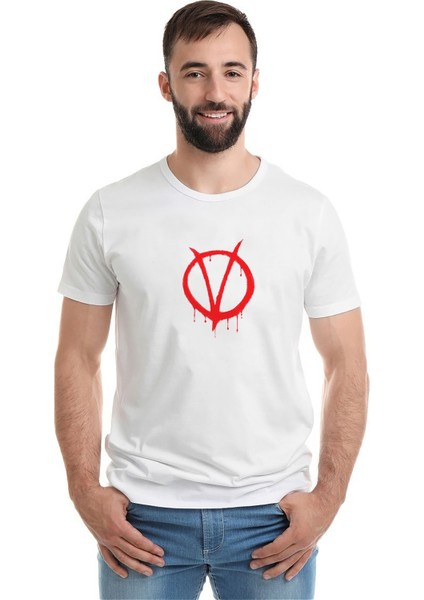 V For Vendetta Baskılı Beyaz Erkek Örme Tshirt