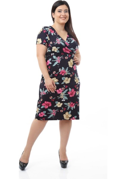 Lacivert Desenli Büyük Beden Elbise 5A-0665