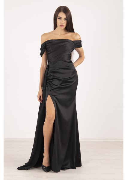 Siyah Drape Detaylı Saten Kumaş Abiye 9704858.01