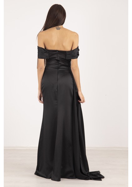 Siyah Drape Detaylı Saten Kumaş Abiye 9704858.01 fiyatları
