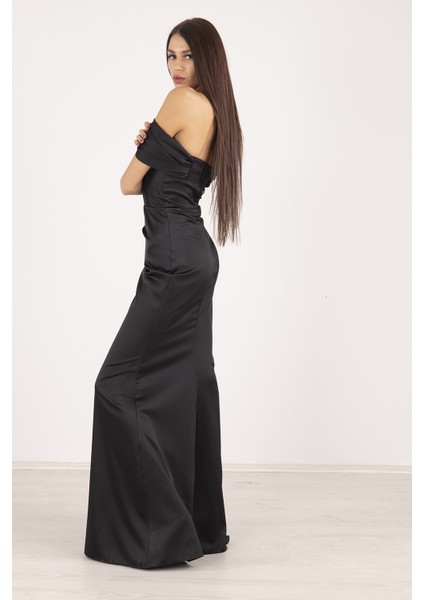 Siyah Drape Detaylı Saten Kumaş Abiye 9704858.01 modelleri