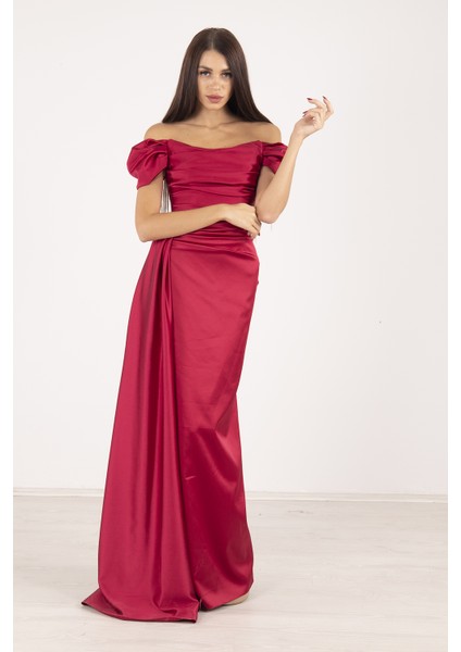 Bordo Drape Detaylı Saten Kumaş Abiye 9704858.04