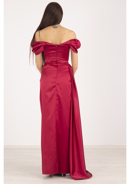 Bordo Drape Detaylı Saten Kumaş Abiye 9704858.04 fiyatları