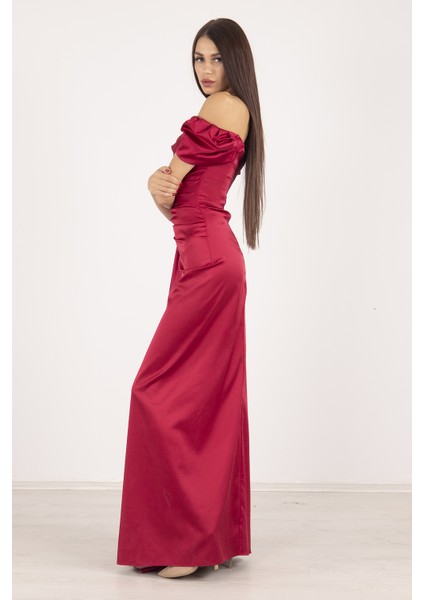 Bordo Drape Detaylı Saten Kumaş Abiye 9704858.04 modelleri