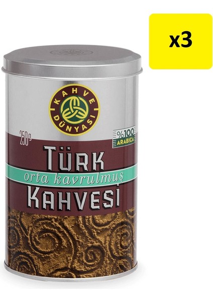 Orta Kavrulmuş Teneke Türk Kahvesi 250GR 3'lü Paket