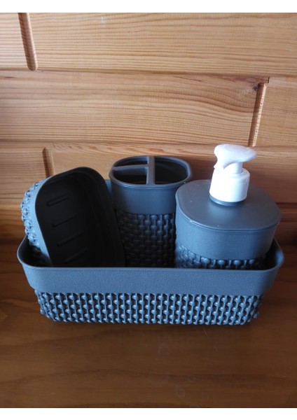 4'lü Lavabo Sıvı Katı Sabunluk Diş Macunluk Havluluk Set Gri