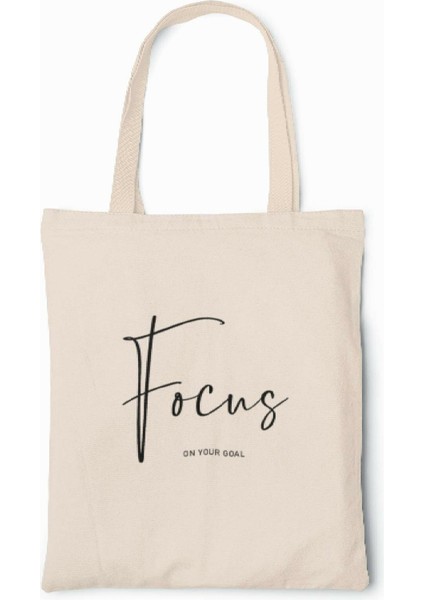 Unisex Ekru Slogan Baskılı Focus Bez Çanta