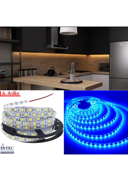 3 Çipli Silikonsuz Şerit LED Iç Mekan LED Aydınlatma Mavi 20 mt