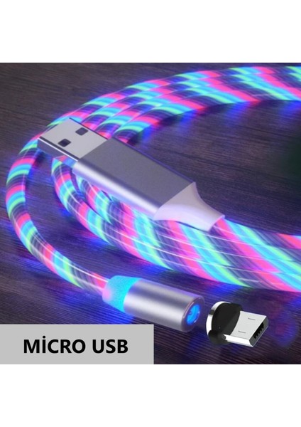 A6 Çoklu Şarj Adaptörü + Micro USB Magnetic Akan LED Işıklı Şarj Kablosu - 1 mt