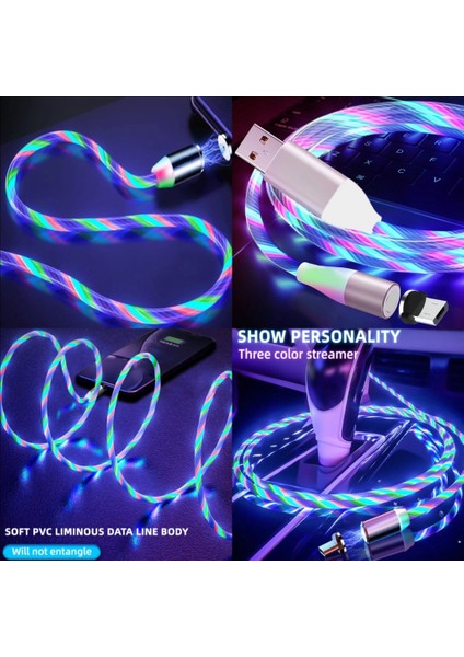 A6 Çoklu Şarj Adaptörü + Micro USB Magnetic Akan LED Işıklı Şarj Kablosu - 1 mt
