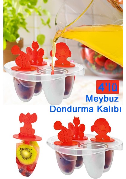 Dondurma Kalıbı Meybuz Yapma Kabı 4'lü Sevimli Hayvan Figürlü