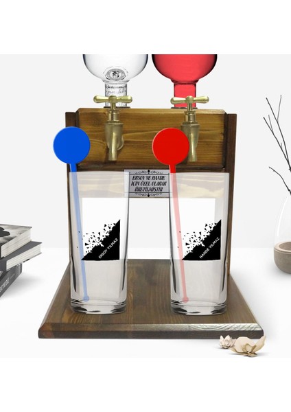 Kişiye Özel Renkli Baskılı Isimli Ikili Vodka Bardağı ve Çift Musluklu Doğal Ahşap Vodka Standı-27