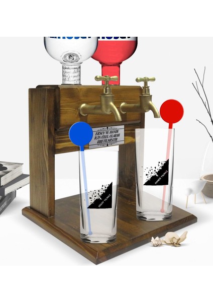 Kişiye Özel Renkli Baskılı Isimli Ikili Vodka Bardağı ve Çift Musluklu Doğal Ahşap Vodka Standı-27 fiyatları