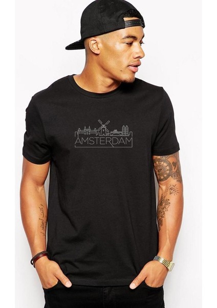 Amsterdam Baskılı Siyah Erkek Örme Tshirt