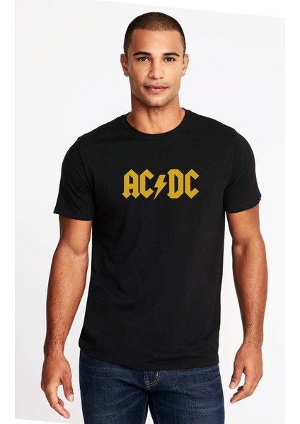 Acdc Logo Sarı Baskılı Siyah Erkek Örme Tişört