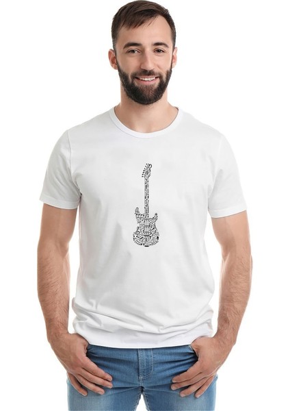 Notalar Gitar Music Baskılı Beyaz Erkek Örme Tişört