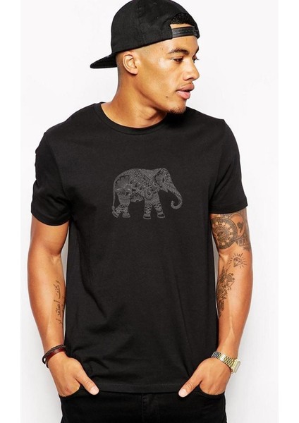 Zentangle Elephants Baskılı Siyah Erkek Örme Tişört