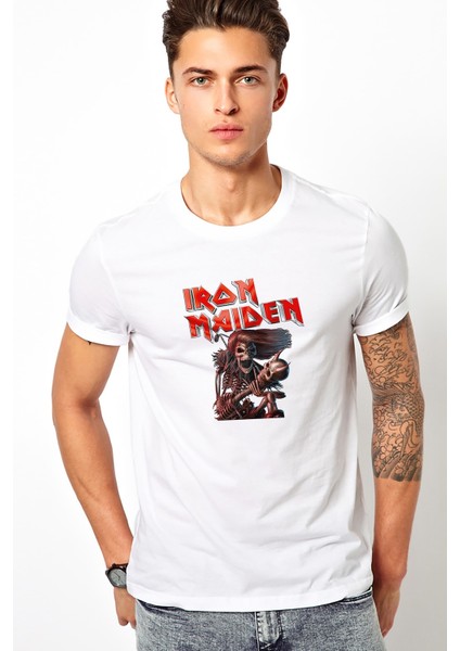 Iron Maiden Ed Force One Canavar Yolda Baskılı Beyaz Erkek Örme T-shirt