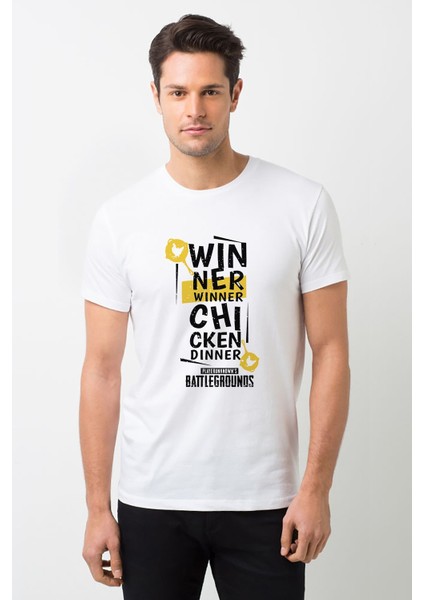Pubg Winner Winner Baskılı Beyaz Erkek Örme T-shirt