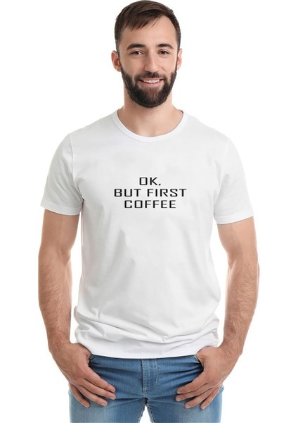 Ok But Fırst Coffee Baskılı Beyaz Erkek Örme T-shirt