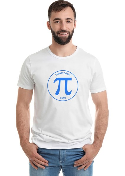 14 Mart Dünya Pi Günü Baskılı Beyaz Erkek Örme T-shirt