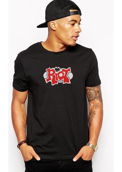 Riot Logo Baskılı Siyah Erkek Örme Tshirt