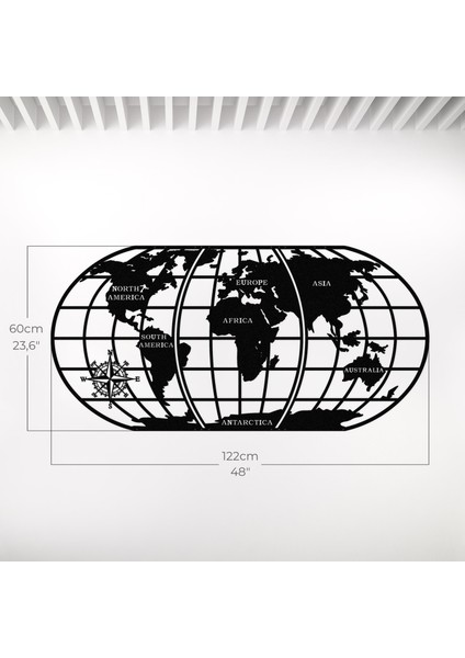 Metalium Concept Dekoratif Ingilizce Kıta Yazılı Dünya Haritası Metal Duvar Tablosu 122X60CM