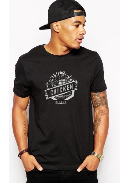 Pubg Chicken Dinner Baskılı Siyah Erkek Örme Tshirt