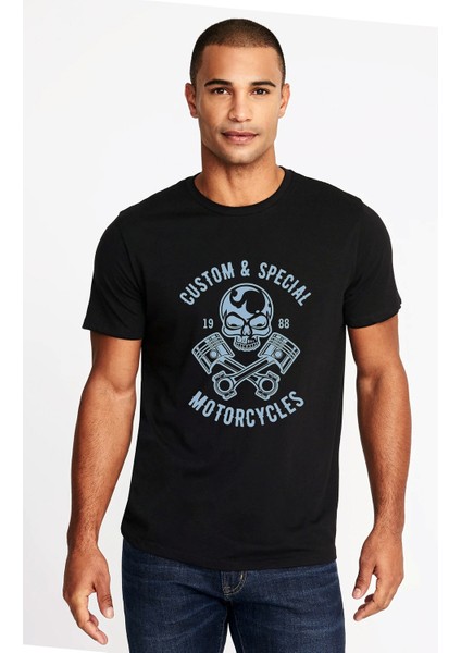 American Moto Costum Special Baskılı Siyah Erkek Örme Tshirt
